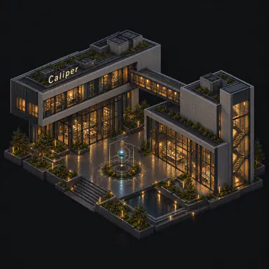 Isometric pixel-art headquarters of Caliper