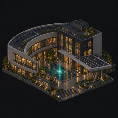 Isometric pixel-art headquarters of Gyre