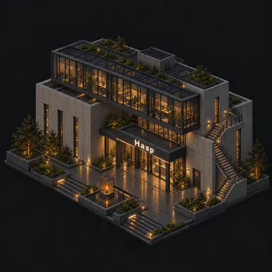 Isometric pixel-art headquarters of Hasp