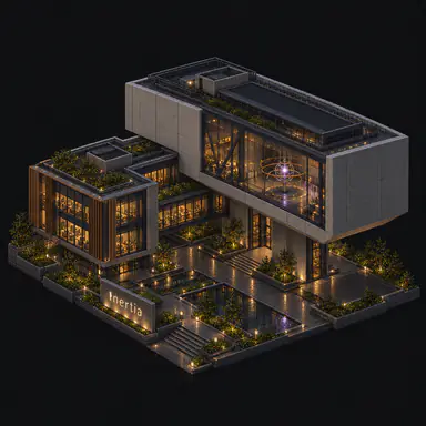 Isometric pixel-art headquarters of Inertia