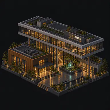 Isometric pixel-art headquarters of Lamina