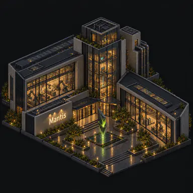 Isometric pixel-art headquarters of Mantis