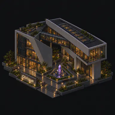 Isometric pixel-art headquarters of Oblique