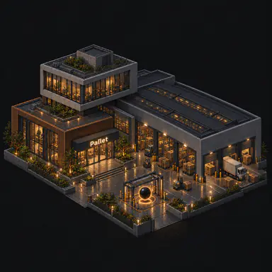 Isometric pixel-art headquarters of Pallet