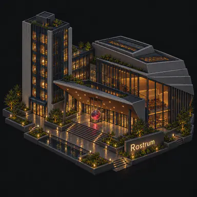 Isometric pixel-art headquarters of Rostrum