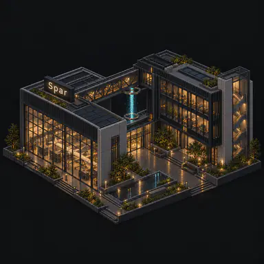 Isometric pixel-art headquarters of Spar