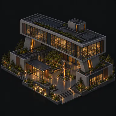 Isometric pixel-art headquarters of Trivet