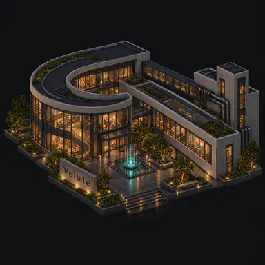Isometric pixel-art headquarters of Volute