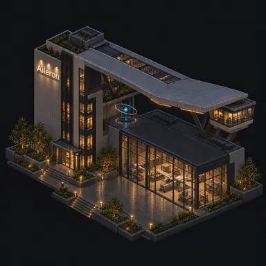 Isometric pixel-art headquarters of Aileron