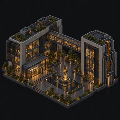 Isometric pixel-art headquarters of Conduit