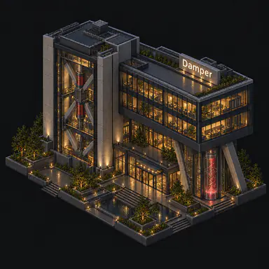 Isometric pixel-art headquarters of Damper