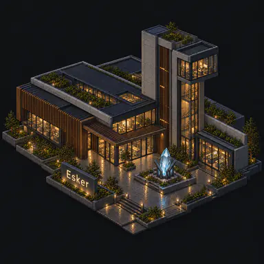 Isometric pixel-art headquarters of Esker