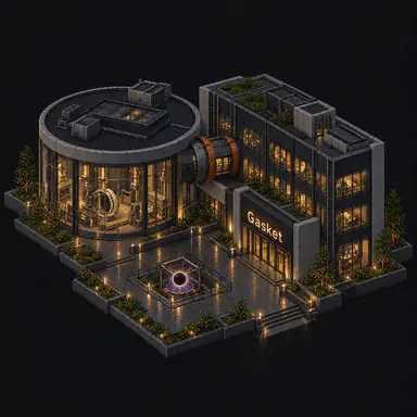 Isometric pixel-art headquarters of Gasket