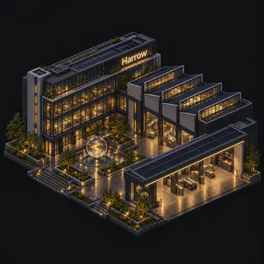 Isometric pixel-art headquarters of Harrow