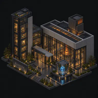 Isometric pixel-art headquarters of Kyanite