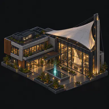 Isometric pixel-art headquarters of Luff