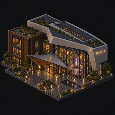 Isometric pixel-art headquarters of Mettle