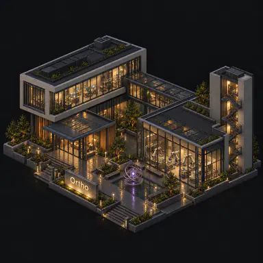 Isometric pixel-art headquarters of Ortho