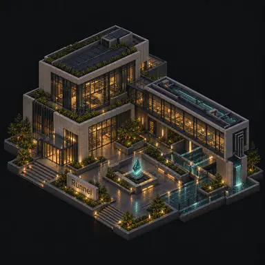 Isometric pixel-art headquarters of Runnel