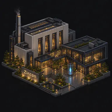 Isometric pixel-art headquarters of Zircon