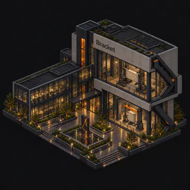Isometric pixel-art headquarters of Bracket