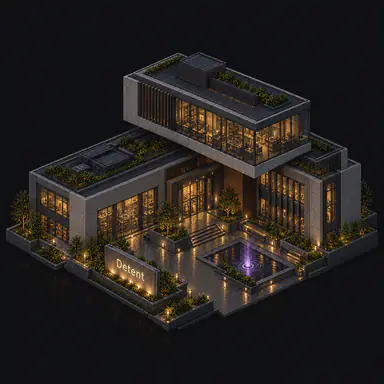 Isometric pixel-art headquarters of Detent