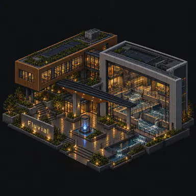 Isometric pixel-art headquarters of Fluvial