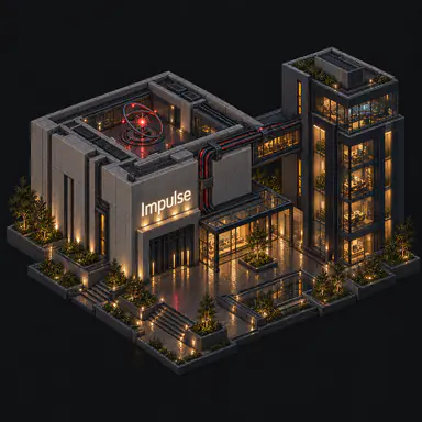 Isometric pixel-art headquarters of Impulse