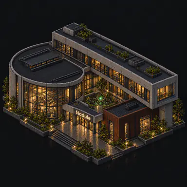 Isometric pixel-art headquarters of Nodule