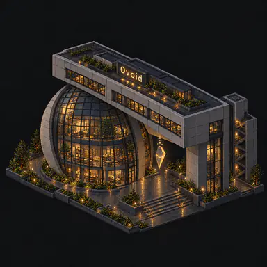 Isometric pixel-art headquarters of Ovoid