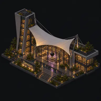 Isometric pixel-art headquarters of Tension