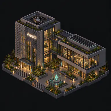 Isometric pixel-art headquarters of Aerate