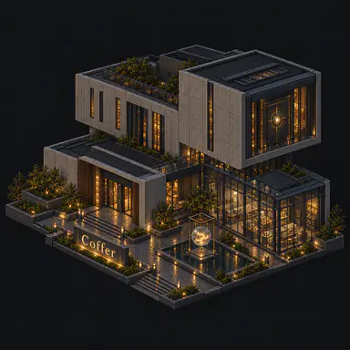 Isometric pixel-art headquarters of Coffer