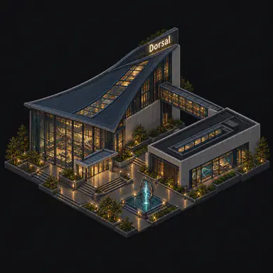 Isometric pixel-art headquarters of Dorsal