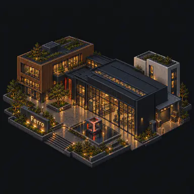 Isometric pixel-art headquarters of Ferro