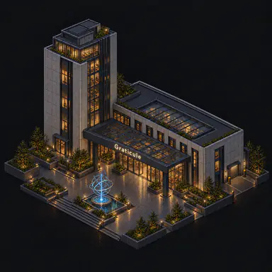 Isometric pixel-art headquarters of Graticule