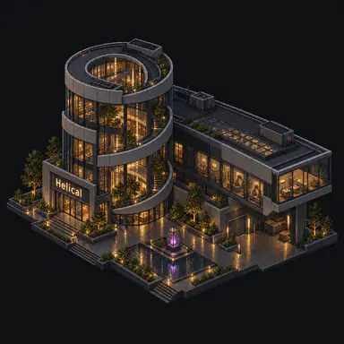 Isometric pixel-art headquarters of Helical