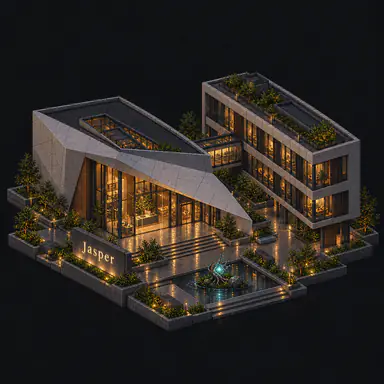 Isometric pixel-art headquarters of Jasper