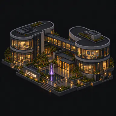 Isometric pixel-art headquarters of Lobar
