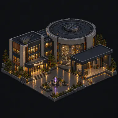 Isometric pixel-art headquarters of Mandrel