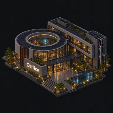 Isometric pixel-art headquarters of Orifice