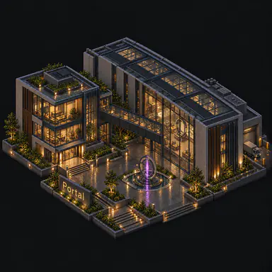 Isometric pixel-art headquarters of Portal