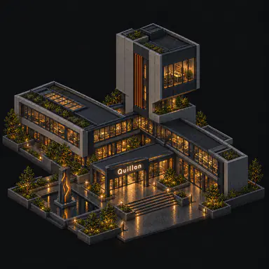 Isometric pixel-art headquarters of Quillon