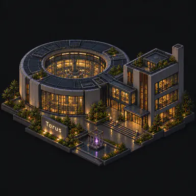 Isometric pixel-art headquarters of Torus
