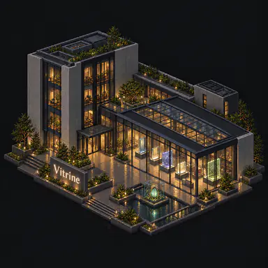 Isometric pixel-art headquarters of Vitrine