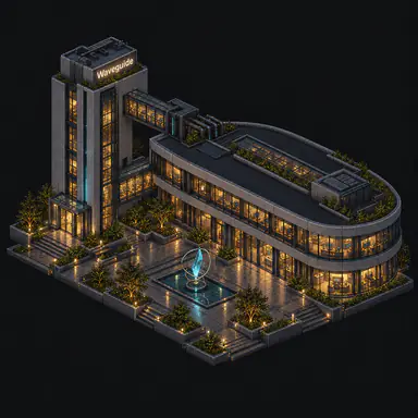 Isometric pixel-art headquarters of Waveguide
