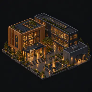 Isometric pixel-art headquarters of Xylon