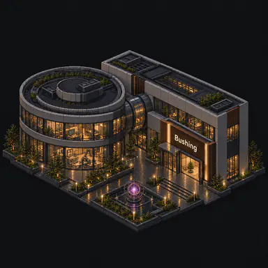 Isometric pixel-art headquarters of Bushing