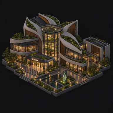 Isometric pixel-art headquarters of Calyx