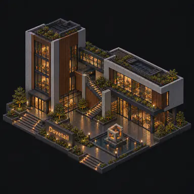 Isometric pixel-art headquarters of Dovetail
